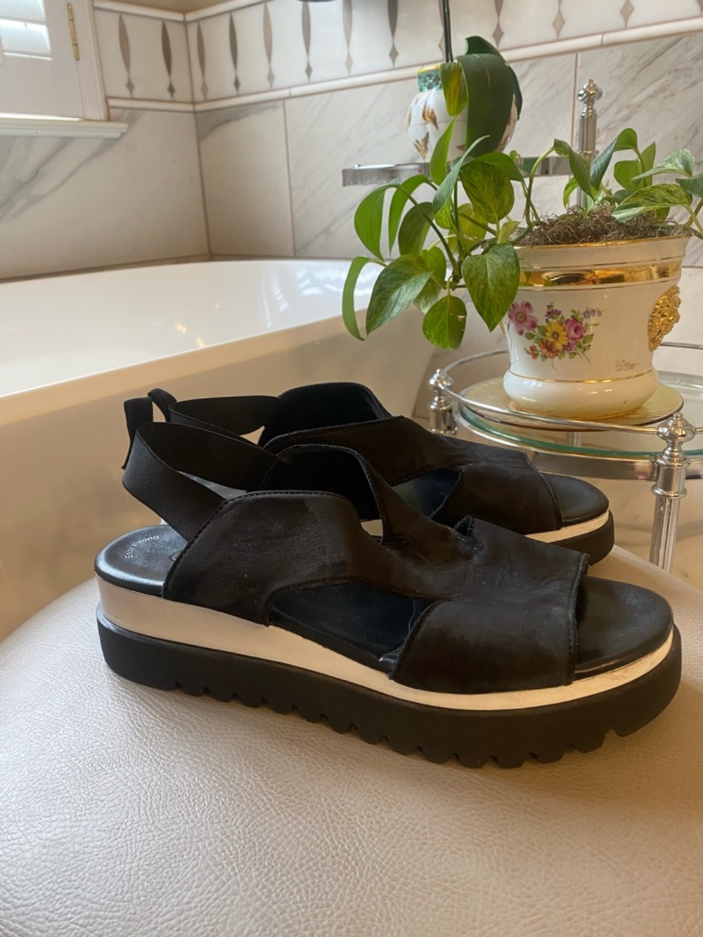 Gabor Black Chunky Slingback Wedge Sandals, Suede, Size UK 7/ US 9.5